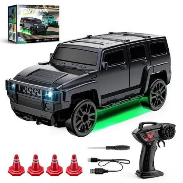 1:64 Scale Off-Road RC Drift Muscle Truck, 4WD Rig 2.4GHz Remote Control Car, Type-C Fast Charge SUV, Multi-Terrain Drift Tires (Black)