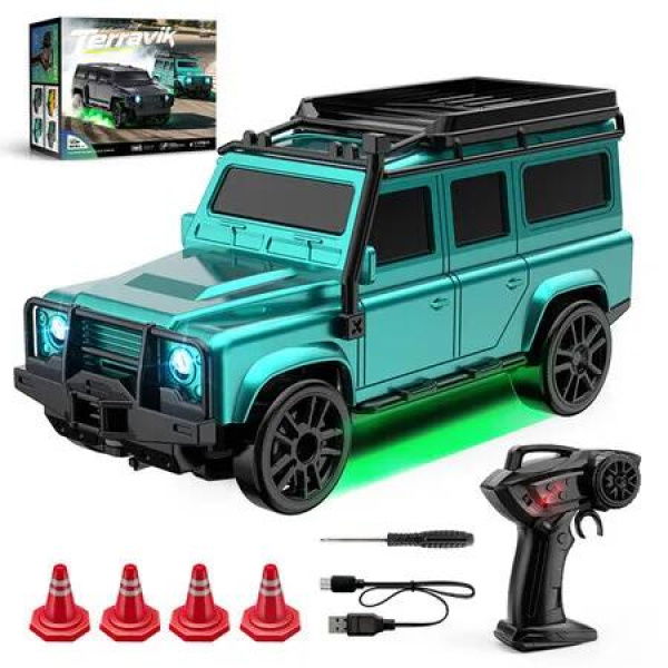 1:64 Scale Off-Road RC Drift Muscle Truck, 4WD Rig 2.4GHz Remote Control Car, Type-C Fast Charge SUV, Multi-Terrain Drift Tires (Cyan)