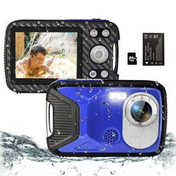 16FT Underwater Camera 30MP Waterproof Digital Camera with 32G Card and Rechargeable Battery,18X Point and Shoot Camera (Blue)