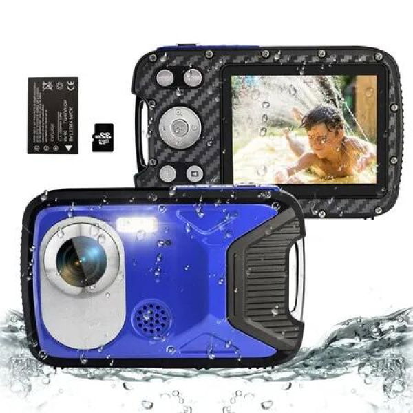 16FT Waterproof 30MP Digital Camera with 32G Card,Rechargeable Battery,18X Point and Shoot for kids Snorkeling Swimming Vacation (Blue)