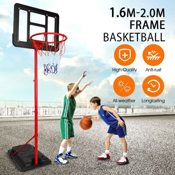 1.6m-2m Kids Portable Basketball Hoop Stand System With Adjustable Height Net Ring Ball