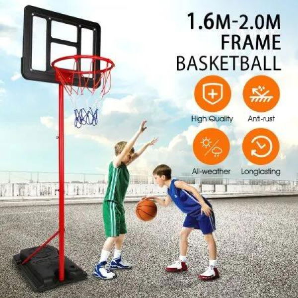 1.6m-2m Portable Basketball Hoop Stand System w/Adjustable Height Net Ring Ball