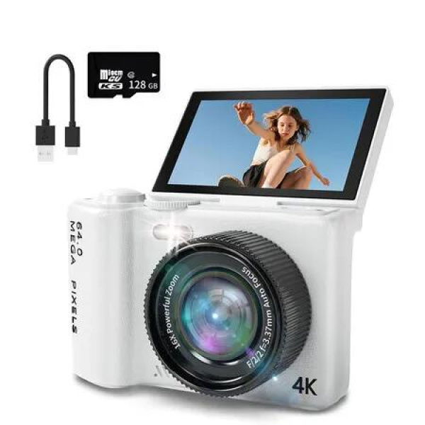 16X Zoom 4K Digital Camera for Photography and Video with 128G Memory Card, Point and Shoot Digital Cameras with Flip Screen for YouTube Video Recording