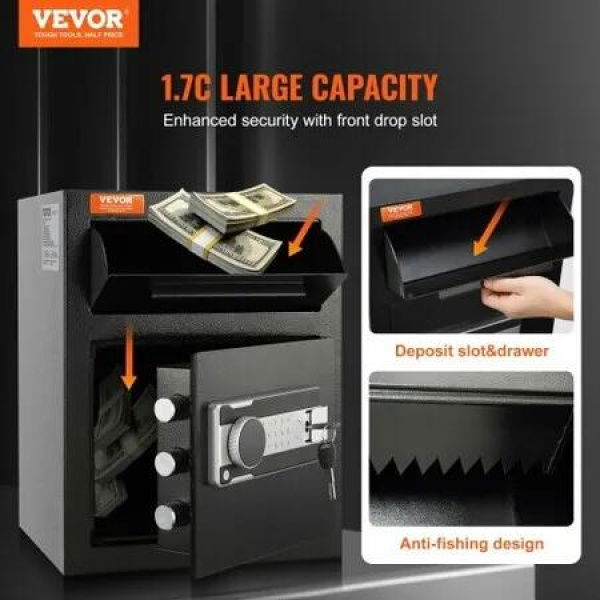 1.7 Cub Depository Safe Deposit Safe with Drop Slot Electronic Code Lock and 2 Emergency Keys 17.71'' x 13.77'' x 13.77'' Business Drop Slot Safe