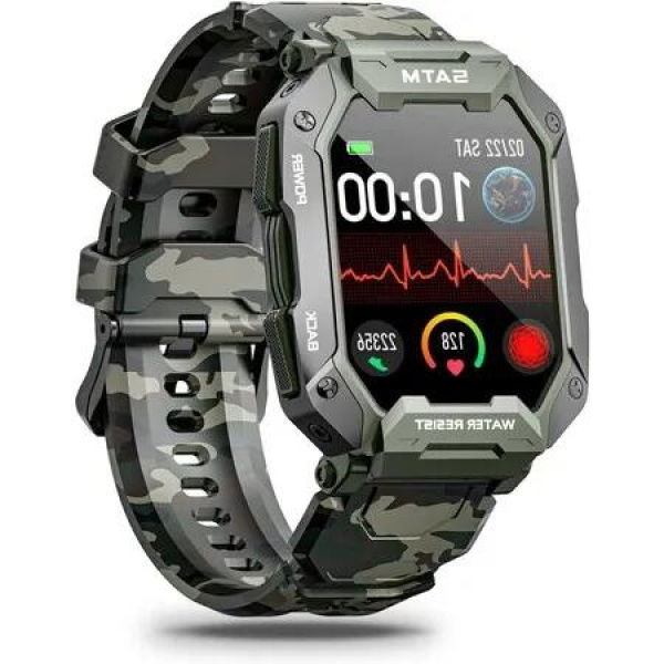 1.71-Inch Tactical Smartwatch for Men - Camouflage Green Fitness Tracker with Pressure and Oxygen Monitoring - Compatible with Android and iPhone