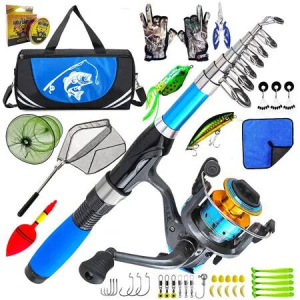 1.7M Telescopic Fishing Rod and Spinning Reel Combo,Fishing Tackle Kit with Gloves Lures,Hooks,Line,Carrier Bag For Saltwater and Freshwater Fishing