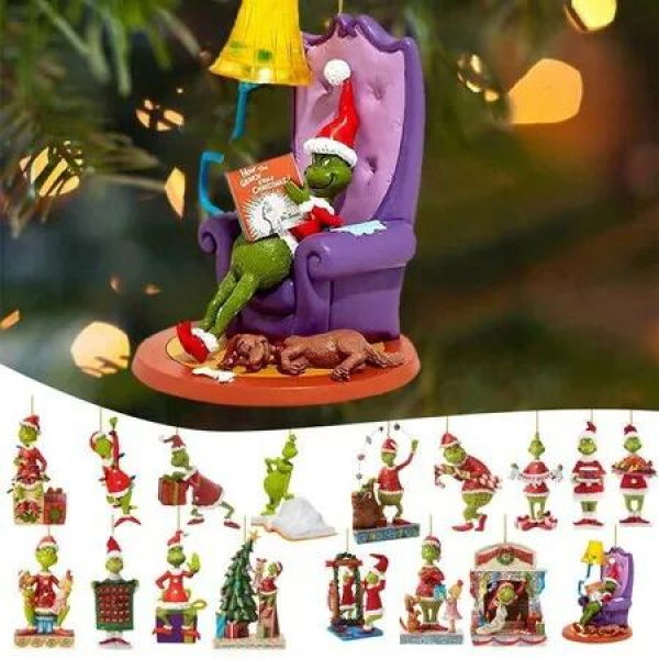 17Pcs Christmas Tree Decoration Cute Green Grinch Christmas Hanging Ornaments Acrylic Tree Ornaments Pendant for Party Decoration