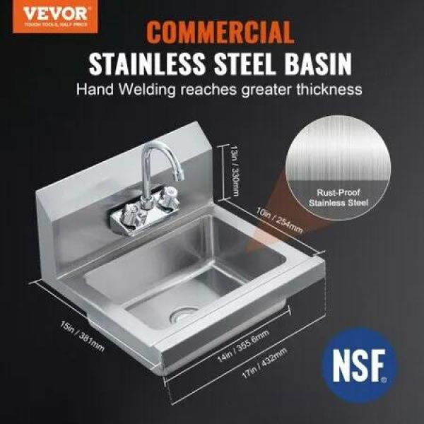 17'x12.8' Commercial Hand Wash Sink Wall Mount Basin Stainless Steel NSF