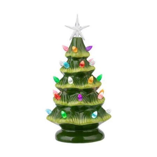 18 CM Ceramic Christmas Tree Table Christmas Tree Lights with 28 Colorful Lights and 1 Star Topper for Table Desk Classic Series Christmas Decoration, Green