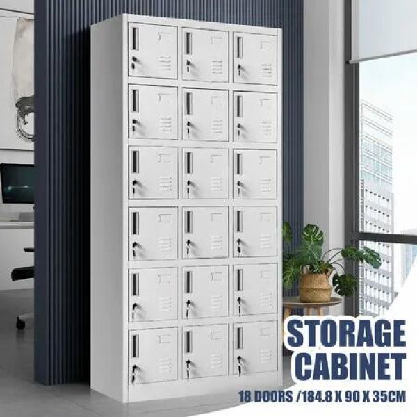 18 Doors Locker Cabinet Steel Storage Cupboard Metal File Organiser Home Office School Gym Garage Dorm Student Employee Staff Locks Card Slots 184.8cm