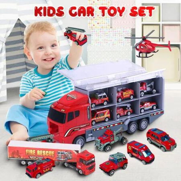 18 In 1 Fire Carrier Engine Rescue Storage Truck Toy Car Set Toddler Construction Emergency Vehicle Model Mini Firetruck Power Christmas Birthday Gift