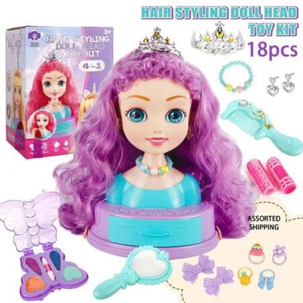 18 PCS Dolls Makeup Head Playset Toy Set Beauty Mannequin Head Easy to Maintain Pretend Play Kids Toys Hair Styling Doll Glam Lab for Little Artists