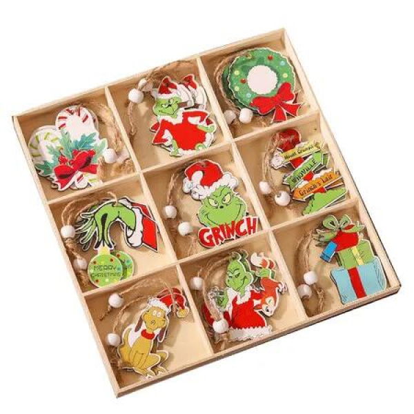 18 Piece Grinch Christmas Nine Square Grid Pendant Set Wooden Christmas Tree Hanging Ornaments for Holiday Party Props