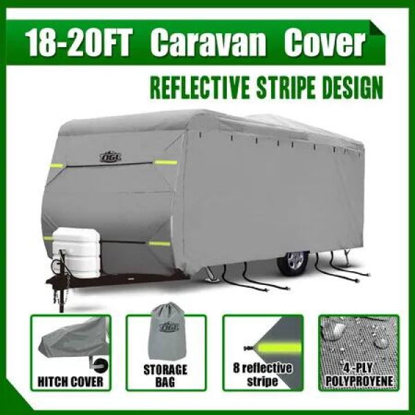 18 to 20ft Caravan Cover UV Water Proof Campervan Trailer Travel Accessories 4 Layer Heavy Duty Polypropylene Protector with Storage Bag Hitch Cover