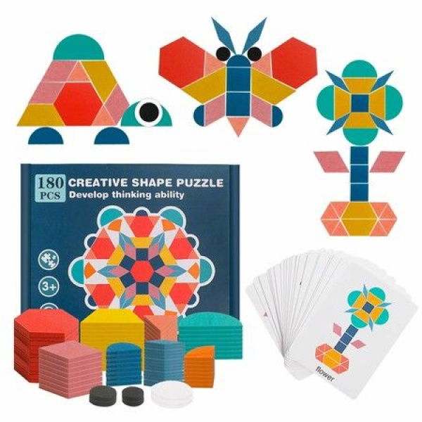 180 Pcs Wooden Pattern Blocks Set Kindergarten Classic Educational Montessori Toys For Kids Toddlers Ages 4-8