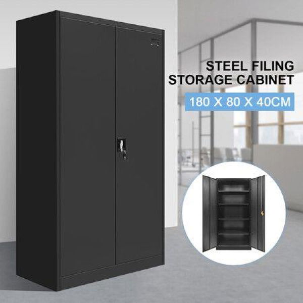 180cm Steel Filing Cabinet Office Home Stationary Lockable Storage Cupboard 2 Door 4 Shelves