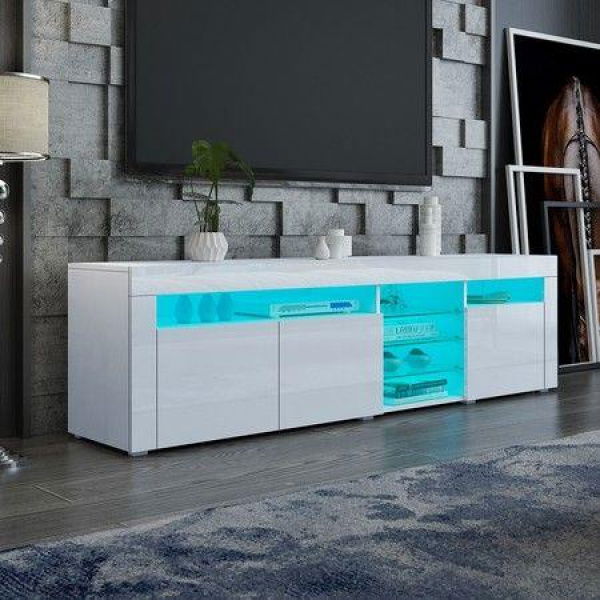 180cm TV Stand Wood Entertainment Unit High Gloss Front Cabinet With RGB LED White