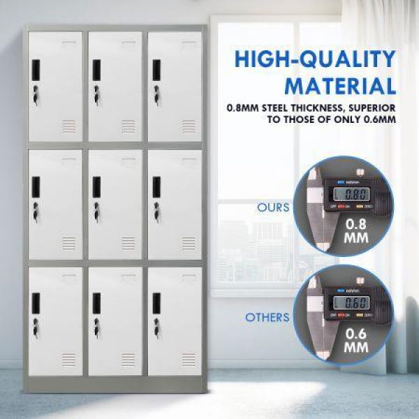 185cm 9 Doors Gym Office Lab Security Metal Locker Storage Cupboard With Heavy Duty Steel.