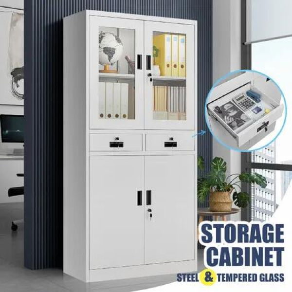 185cm Steel File Cabinet Lockable Drawer Filing Storage Shelves Cupboard Locker Stationary Tempered Glass Office Garage