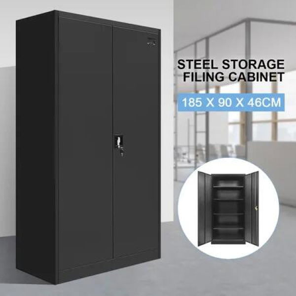 185cm Steel Filing Cabinet Office Stationary Lockable Storage Cupboard 2 Door 4 Shelves