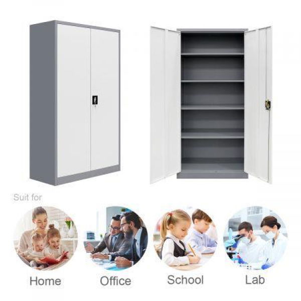 1.85M Lockable Metal File Cabinet Storage Cupboard With 4 Adjustable Shelves For School Lab Gym Garage.