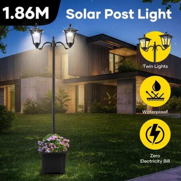 186cm Solar Led Light Post Planter Outdoor Street Garden Security Pole Lamp Driveway Pathway Patio Yard Energy Powered Pillar Lantern Double Lights