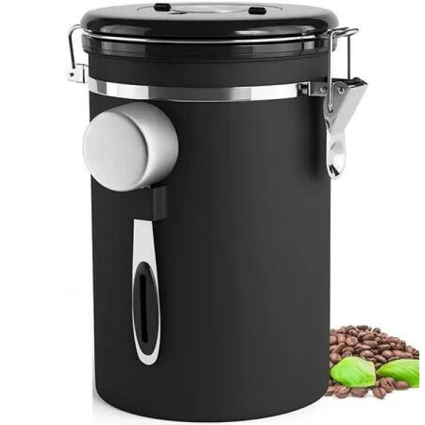 1.8L Large Airtight Coffee Canister: Stainless Steel Coffee Bean Storage Container in Black