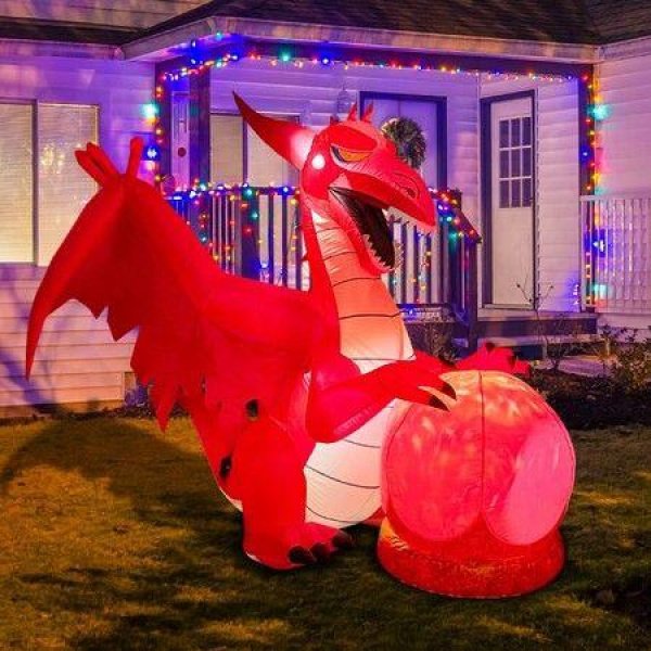 1.8m Halloween Inflatables Outdoor Dino Fire Dinosaur Blow Up Yard Decoration With LED Lights Built-in For Holiday Party Yard Garden.