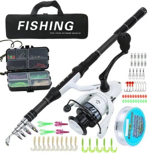1.8M Telescopic Carbon Fishing Rod Combo, 2000 Metal Spinning Reel, Full Tackle Kit with Carry Bag for Sea Lake Bass Carp Fishing