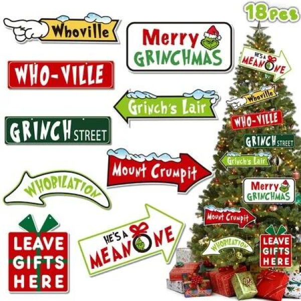 18Pcs Christmas Grinch Ornaments Xmas Tree Decorations Outdoor Trees Festival Ornaments for Dinner Party Supplies Gifts