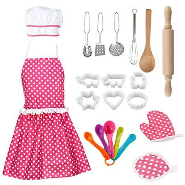 18PCS Kids Chef Role Play Costume Cooking And Baking Set With Apron Chef Hat Cooking Mitt