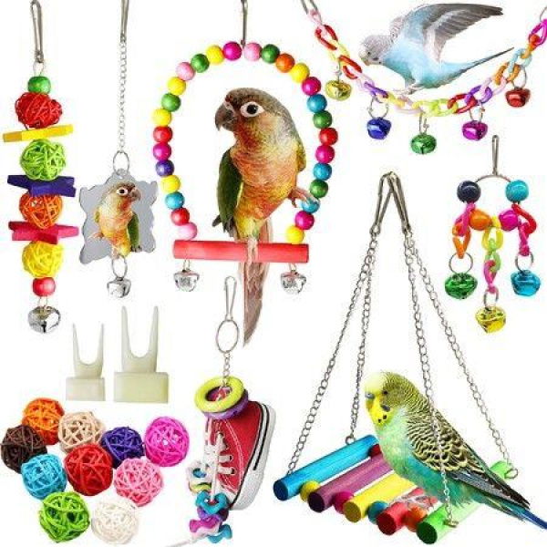 19 Pcs Pet Bird Parakeet Cockatiel Toys Cage Swing Hammock Shoe Chewing Toy Hanging Bell Wooden Perch for Conures Love Birds Finches Budgie