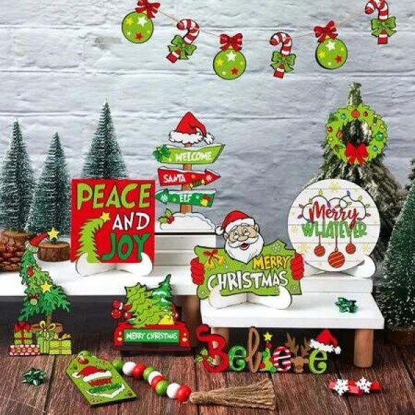 19 Piece Christmas Tray Decoration Set Red Green Santa Claus Candy Signs