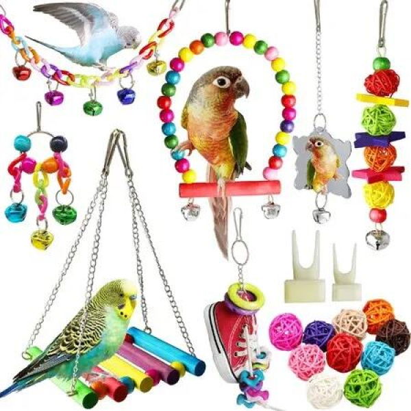 19-Piece Hanging Wooden Bird Toy Set for Parakeets, Cockatiels, and Other Small Birds