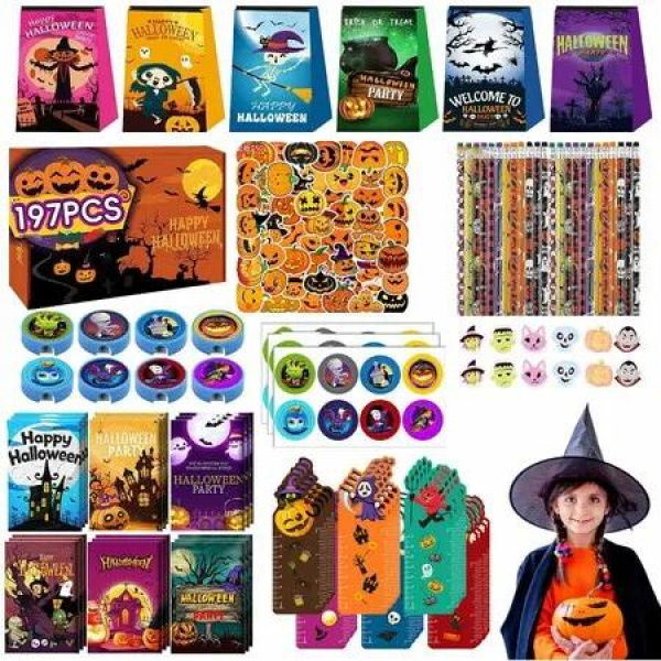 197PC Halloween Party Favour Box for Kids, Trick Treat Toy Assortment Prize Chest Toy