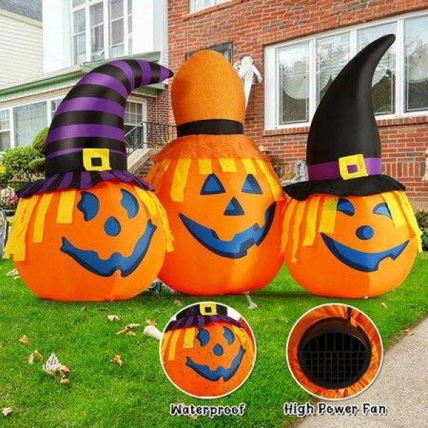 1.9m Halloween Inflatables Outdoor Pumpkin Combo With Wizard Hat Blow Up Yard Decoration With LED Lights Built-in For Holiday Party Yard Garden.