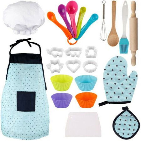 19PCS Kids Chef Role Play Costume Cooking And Baking Set With Apron Chef Hat Cooking Mitt