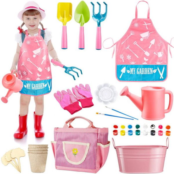 19Pcs Kids Gardening Tools Apron Watering Can Gardening Gloves Shovel RakePainting Accessories Beach Sand Toy Easter Gifts For Girls