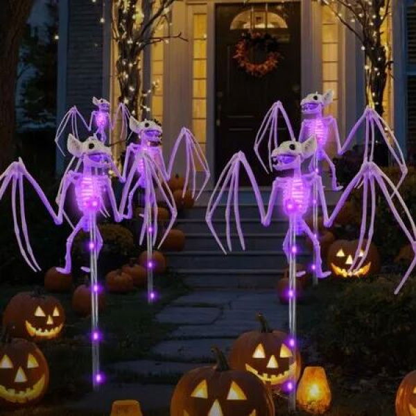 1pc Halloween Decorations Outdoor Solar Garden Lights 3D Creepy Bat Skeleton Stake Lights IP65 Waterproof Yard House Party Birthday Gift COL Purple