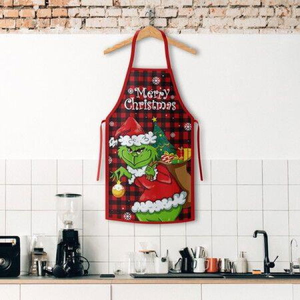 1pc, Polyester Apron, Christmas Theme Apron, Printed Apron, Fashion Housework Kitchen Household Workwear, Kitchen Supplies, Christmas Decor