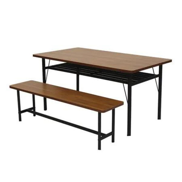 1x Dining Table +1x Bench Set Steel Home Kitchen Farmhouse Brown