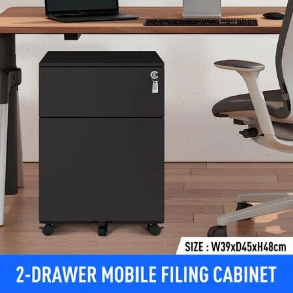 2 Drawer File Cabinet Under Desk Steel Office Filing Furniture Black Metal Locking Document Storage Organiser Vertical Mobile Unit On 5 Wheels