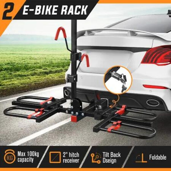 2 EBike Rack Vehicle Electric Bicycle Rear Carrier Holder Stand Cycle Storage Platform for Car 2 Inches Foldable Tilt with Lock