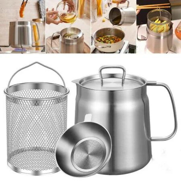 2-in-1 304 Stainless Steel Oil Strainer Pot Large Capacity Oil Filter Pot,Bacon Grease Container with Deep Fryer Basket for Kitchen Camping (68oz/2L)