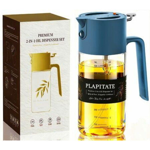 2 in 1 500ml/17oz Oil Sprayer for Cooking,Large Advanced Glass Olive Oil Dispenser Bottle w/stickers,Even Spray with Portion Control - Blue