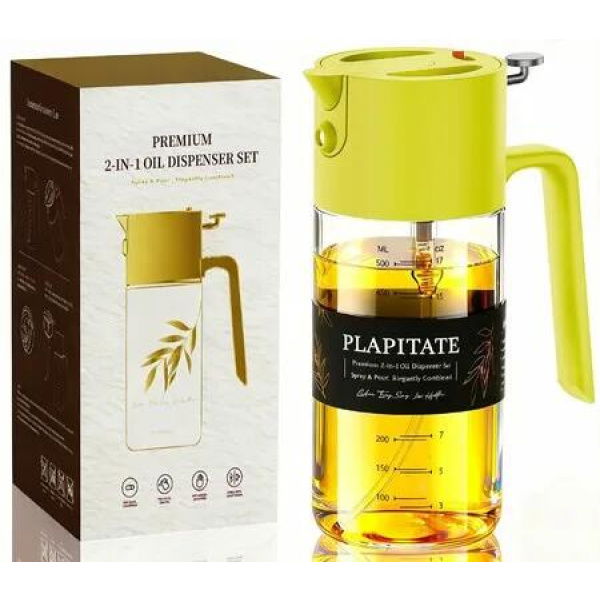 2 in 1 500ml/17oz Oil Sprayer for Cooking,Large Advanced Glass Olive Oil Dispenser Bottle w/stickers,Even Spray with Portion Control - Yellow