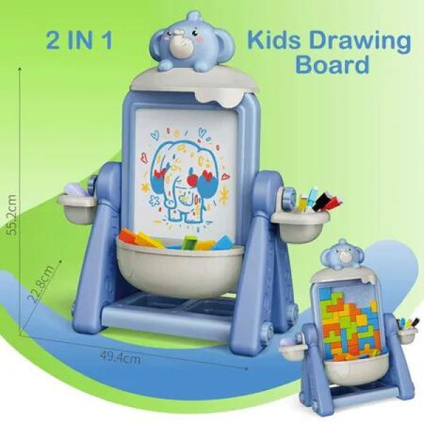 2 in 1 Art Easel for Kids, Building Blocks, Drawing Board with Painting Accessories Blue Elephant