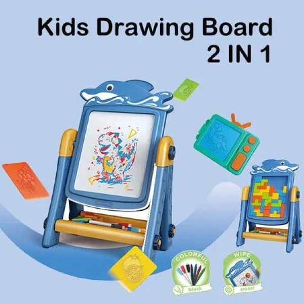 2 in 1 Art Easel for Kids, Building Blocks, Drawing Board with Painting Accessories Blue