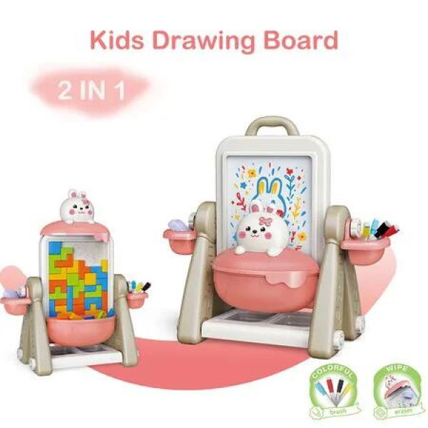 2 in 1 Art Easel for Kids, Building Blocks, Drawing Board with Painting Accessories Pink Rabbit