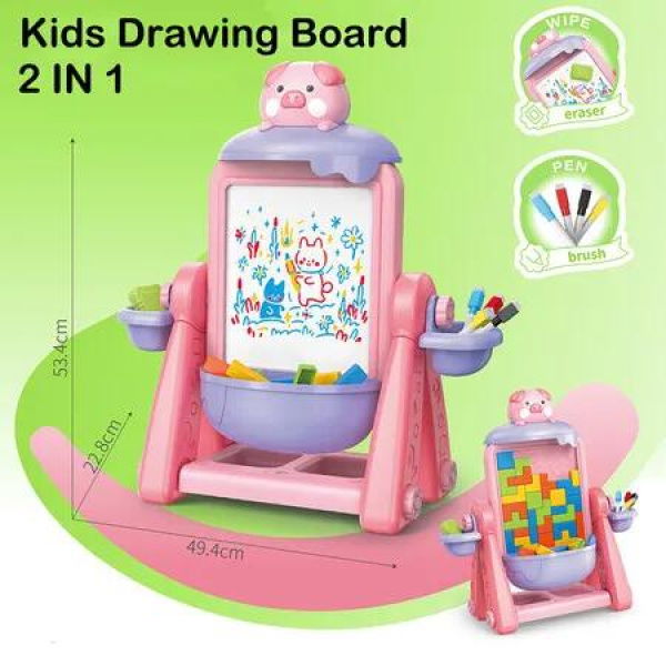 2 in 1 Art Easel for Kids, Kids Standing Building Block Drawing Board Pink